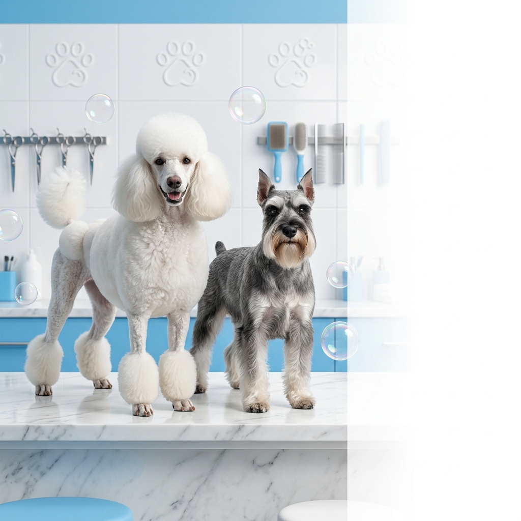 Perros elegantemente estilizados en el spa canino Perros y Burbujas